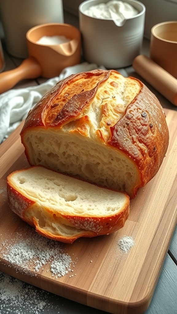 A loaf of bread with a golden crust on a cutting board, sliced to show the fluffy interior.